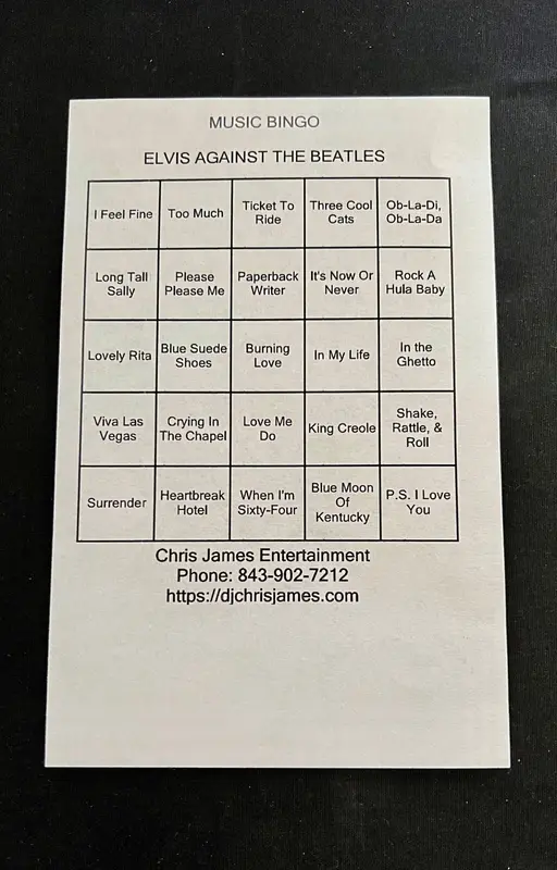 A music bingo card from the Elvis Against the Beatles game