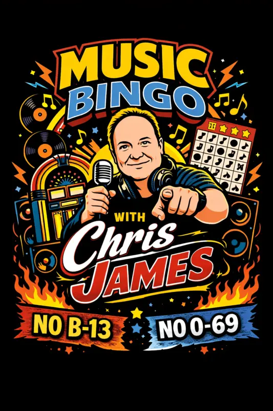 Music Bingo with Chris James poster: No B-13, No O-69
