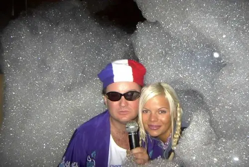 Foam Masta G and a guest covered in foam at a 2004 foam party