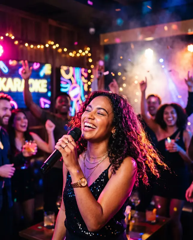 A singer belting into the mic at a karaoke night while friends cheer under neon lights