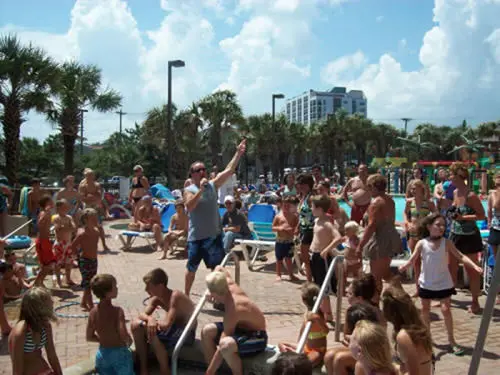 Crowd gathered around the resort pool