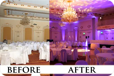 The same ballroom before and after uplighting